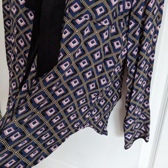 Mango Abstract Print Navy Pink Blouse With Bow Tie Neck Top Viscose XS @V - Picture 6 of 12